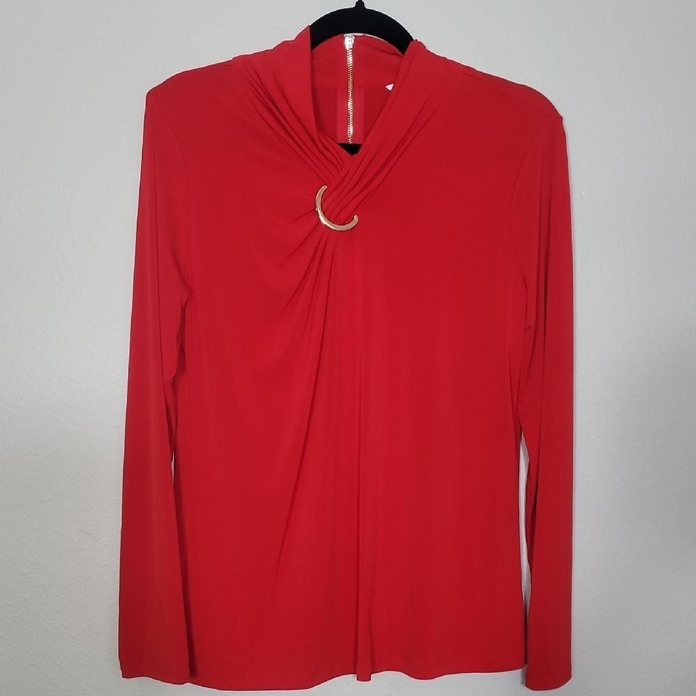 Liz Clairborne Mock Neck Ruched Blouse Top Size M Red Gold Zipper Old Money